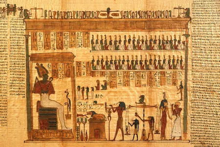 This fragment of the Egyptian Book of the Dead depicts the god Osiris. Two segments of a different Book of the Dead were recently reunited digitally.