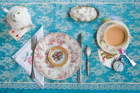 A tea party. Inspired by Lewis Carroll's Alice's Adventures in Wonderland: "Alice looked all round the table, but there was nothing on it but tea."