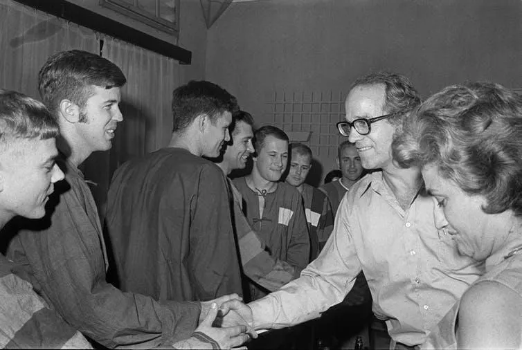 Coffin’s activism: William Sloane Coffin Jr. greets captured American pilots in Hanoi, Vietnam.