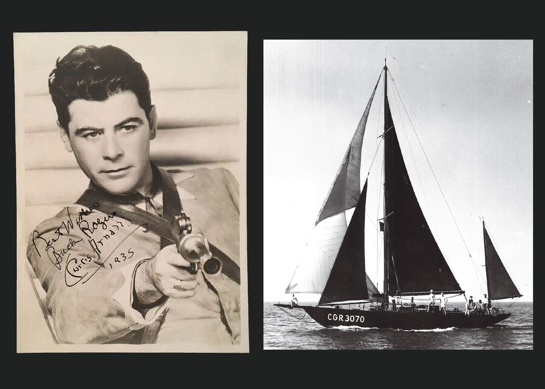 a sepia toned celebrity portrait next to photo of a sail boat
