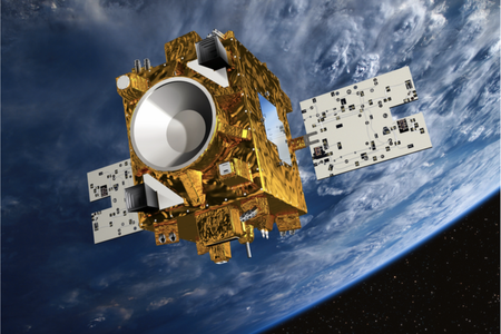 A rendering of the MICROSCOPE satellite in space.&nbsp;