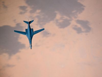 An Air Force B-1B Lancer flies over Qatar on October 25, 2019. Named “Bone” by its pilots, the B-1 handles, they say, more like a fighter than a bomber and is the only U.S. bomber that can fly past Mach 1. 