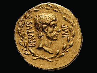 This gold aureus featuring an image of Brutus was minted shortly after Caesar&#39;s death.