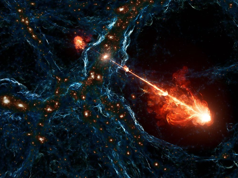 on a dark background, an orange jet blasts in two directions from a black hole, with blue waves and bright spots in the cosmos surrounding it
