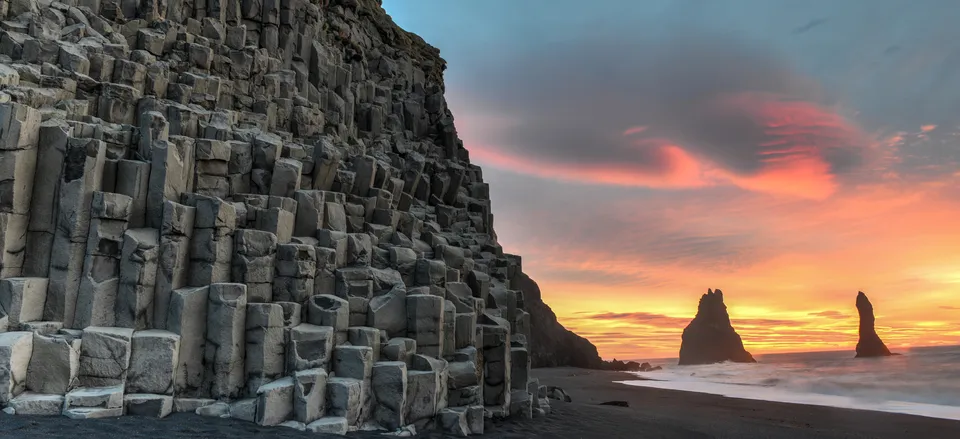  Black sand beach and basalt columns at Reynisdrangar, near Vik 