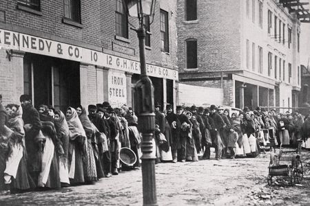 Men and women lining up during the 1902 Coal Strike for their allotment of coal. 