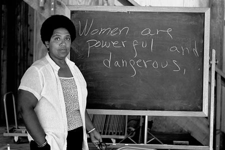 Audre Lorde lectures students at the Atlantic Center for the Arts in New Smyrna Beach, Florida.