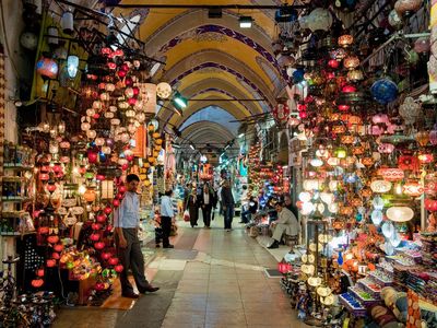 Shoppers walk down a corridor in Istanbul's fabled Grand Bazaar.
