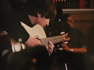 John Lennon plays the rediscovered 12-string Framus Hootenanny guitar.
