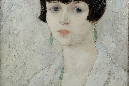 Painted portrait of Cresse Crosby. Her short dark hair stands out against the light background.