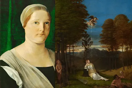 Reconstruction illustrating sliding cover as it opens, featuring Lorenzo Lotto&#39;s&nbsp;Portrait of Giovanna de&#39; Rossi&nbsp;(left) and&nbsp;Portrait Cover With an Allegory of Chastity&nbsp;(right), circa 1505