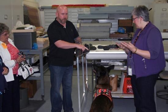 Three people and one dog in a storage room behind-the-scenes a the museum. Shelves in background. On table, objects in the museum's collection. Man holds one of the objects and the dog's leash.