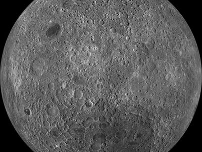 The far side of the Moon, a mosaic of Lunar Reconnaissance Orbiter wide-angle camera images. 