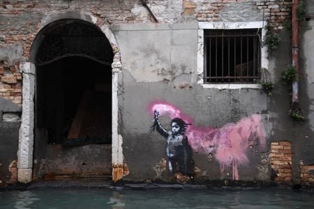 Banksy&#39;s&nbsp;Migrant Child&nbsp;has endured damage from the elements since it appeared in 2019.&nbsp;