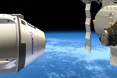 The CST-100 capsule and service module approach the ISS in this artist’s concept—for a stay that could last up to six months.