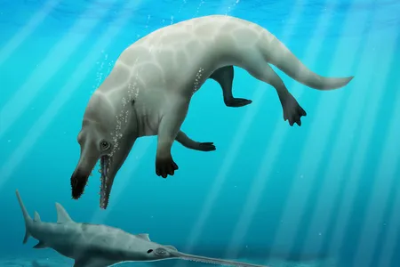 A restoration of the extinct whale Phiomicetus, named by paleontologists earlier this year, preying upon a sawfish.