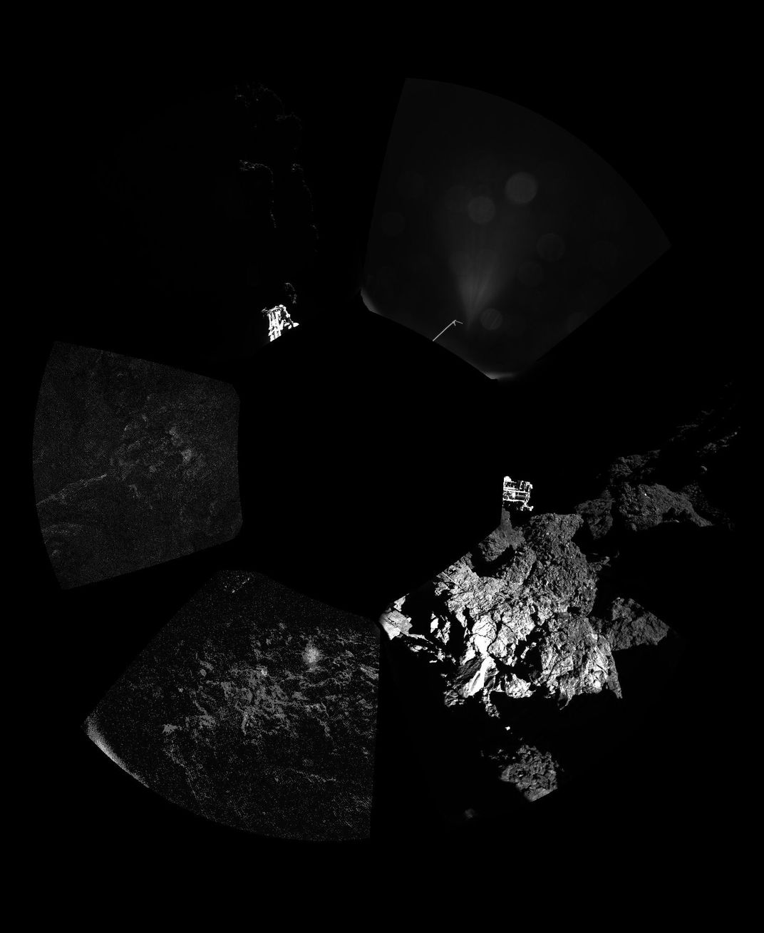 The first panoramic image from the surface of a comet, unprocessed, shows a 360 degree view around Philae -- the lander's feet are visible in some frames, credit: ESA/Rosetta/Philae/CIVA