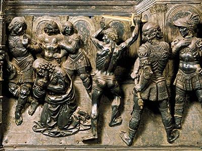 Did artist Verrocchio delegate two figures in his Beheading of St. John the Baptist to his prize pupil Leonardo da Vinci?