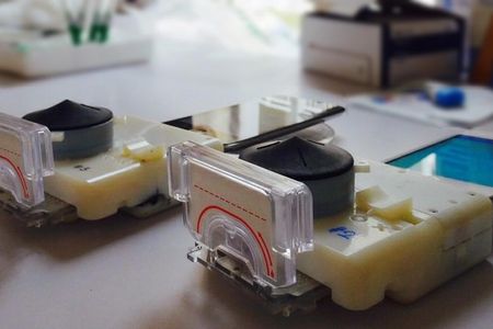 The lab-on-a-chip gets the power it needs for testing though the headphone jack on a smartphone, and sends the results through the port to the phone for computation, display and storage.