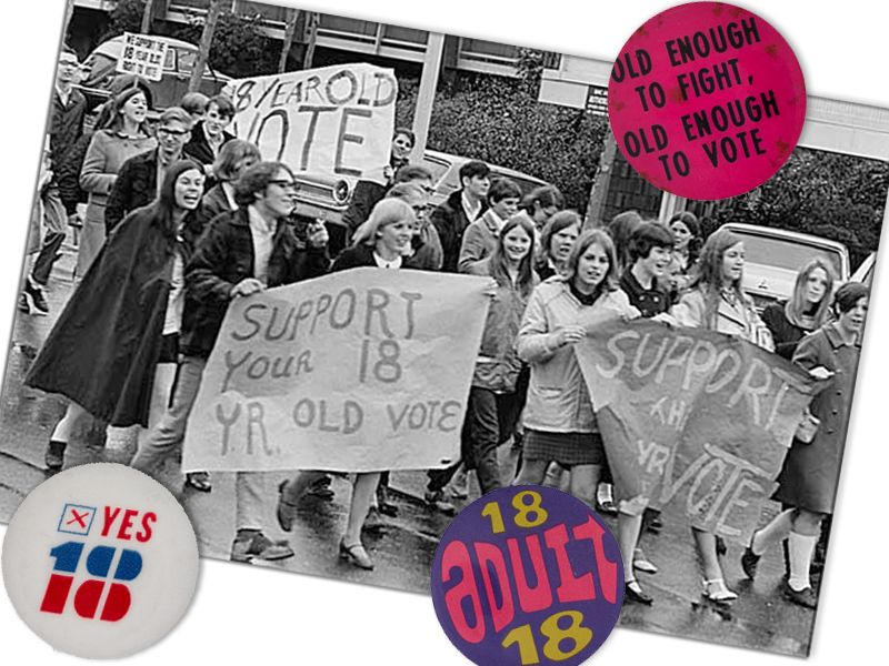 buttons in support of the 26th Amendment on top of a photo of young people marching