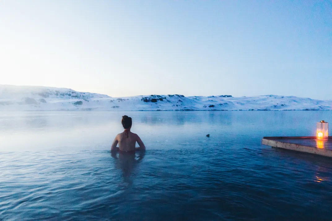 Bathing in hot springs in winter