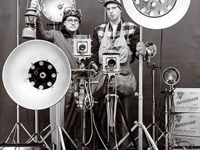 Most of the flash equipment was custom-built, but Link (left) and his assistant George Thom also used miners' headlamps while they were setting up shots after dark.