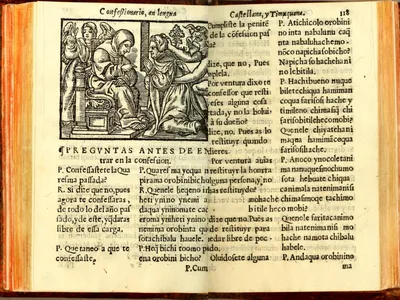 In this page from Confessionario En lengua Castellana y Timuquana Con algunos consejos para animar al penitente (Confessions in the Castilian and Timucua Language, with some tips to encourage the penitent.), Spanish is at left and the translation of Timucua is at right.