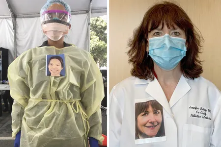 Health care workers at Stanford and the University of Massachusetts who have placed smiling portraits of themselves on the outside of their protective gear