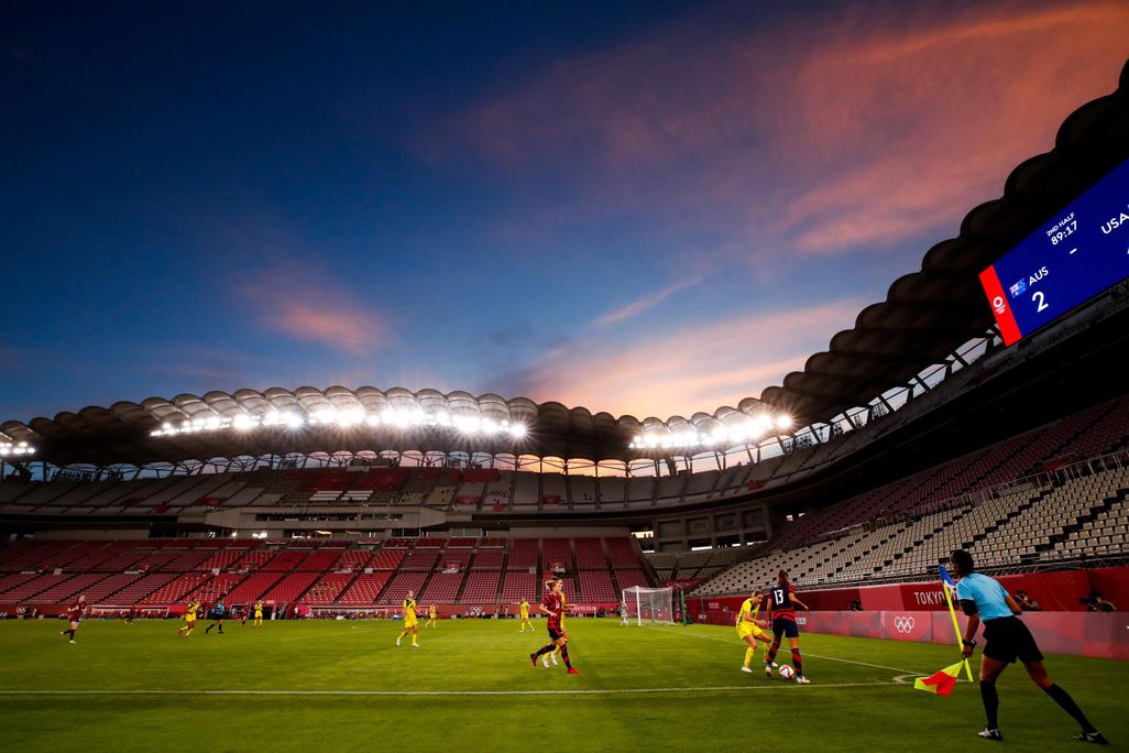 General sunset view of Kashima Stadium during the Olympic football bronze medal match between United States and Australia at Kashima Stadium on August 05, 2021