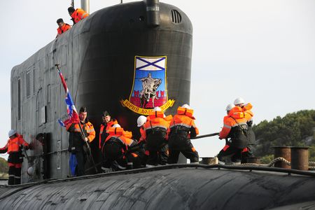 The Borei class nuclear-powered submarine Yuri Dolgoruky arrives at the Russian Northern Fleet's naval base after tests. September 9, 2013.