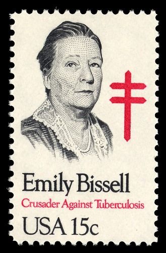 A portrait of a woman with a red TB cross behind her.