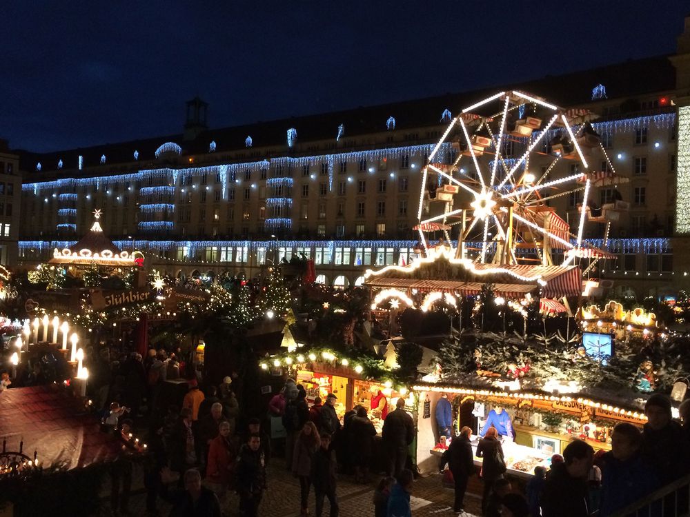 Bright lights and large crowds were ever-present at the Weihnachtsmarkt in Dresden, Germany, 2014. (Photo by Pete Reiniger)
