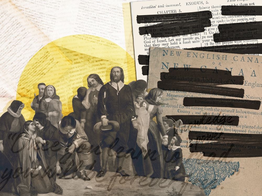 Plymouth colony founders in collage with banned book