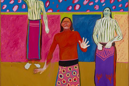 Almost all of Cannon’s large paintings (above: Three Ghost Figures, 1970), are portraits, often in electric shades of orange, purple and brilliant blue. Many vividly depict Native Americans as living, sometimes flawed individuals.