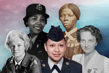 Clockwise from top left: Charity Adams Earley, Harriet Tubman, Edith Nourse Rogers, Lori Piestewa and Mary E. Clarke