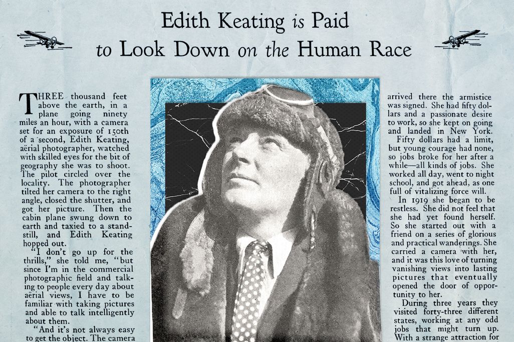 Photo illustration of Edith Keating in an aviator's cap and goggles