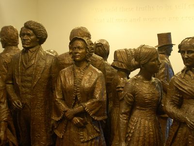A statue of the people present at the 1848 Seneca Falls Convention can be seen at the Women's Rights National Historical Park in Seneca Falls.