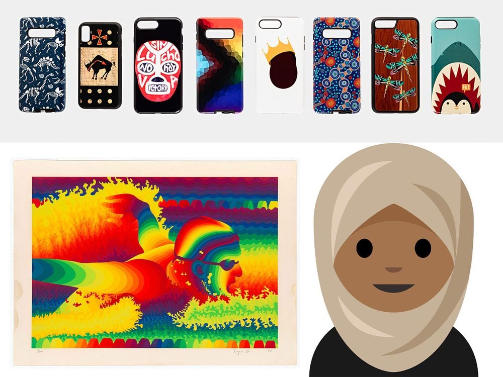 Cell phones, person with headscarf emoji and Butterfly by Ay-O