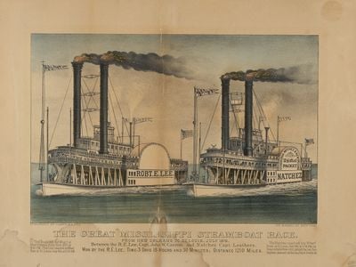 A lithograph of the 1870 Great Mississippi Steamboat Race