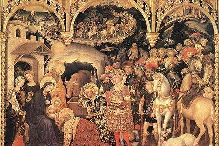 Gentile de Fabriano’s gold-encrusted 1423 “Adoration of the Magi” altarpiece features Arabic script on the Virgin Mary’s and Saint Joseph’s haloes