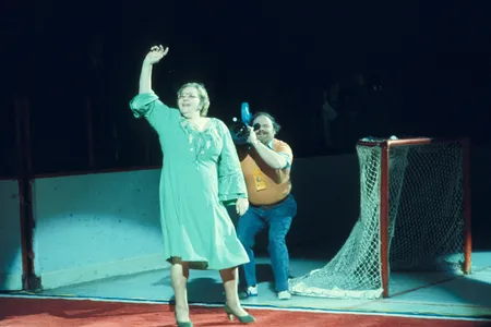 Kate Smith singing 'God Bless America' before a Philadelphia Flyers home game at the Spectrum in Philadelphia circa 1970s.
