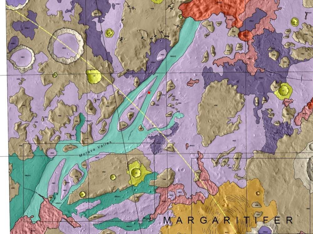 A low-lying topographic depression known as Margaritifer basin. (Sharon A. Wilson, John A. Grant, and Kevin K. Williams (2020), Geologic Map of Morava Valles and Margaritifer basin, Mars, MTM Quadrangles -10022 and -15022, 1:500,000 scale, USGS Scientific Investigations Map, in press.)