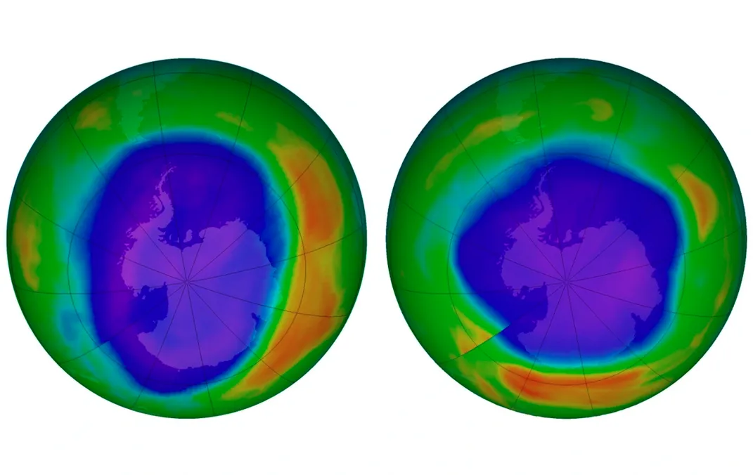 Two maps of Antarctica are presented side-by-side to show the difference between ozone levels in 2000 and 2018. The 2000 map has a much larger purple-blue blob compared to the 2018 map, showing how the ozone hole is shrinking over time.