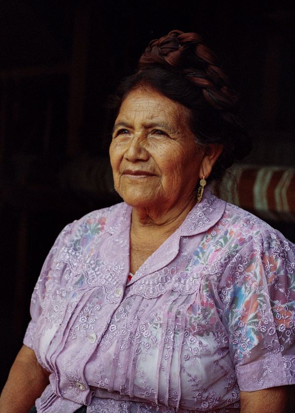 Oaxacan woman of Teotitlan Del Valle posing for her portrait in her home. thumbnail