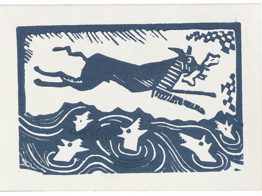 In 1988, artist Laura Farabough exhibited Santa Dog, a site–specific video installation at the Hanson Gallery in Sausalito, California. That same year, Farabough featured “Santa Dog” on her holiday card to artist David Ireland. Laura Farabough christmas card to David Ireland, 1988. David Ireland papers, circa 1910s-circa 2009, Archives of American Art, Smithsonian Institution.