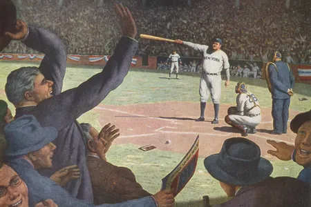 With two fingers Babe Ruth pointed (above: a re-imagined illustration of Babe Ruth calling his shot in the fifth inning of the third game, 1932 World Series). Some thought he was scolding the Cubs’ bench, many more believed he was pointing toward centerfield, where he hit a soaring home run. 