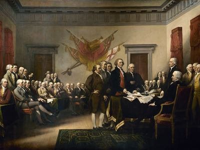 John Trumbull's painting, Declaration of Independence, depicting the five-man drafting committee of the Declaration of Independence presenting their work to the Congress.