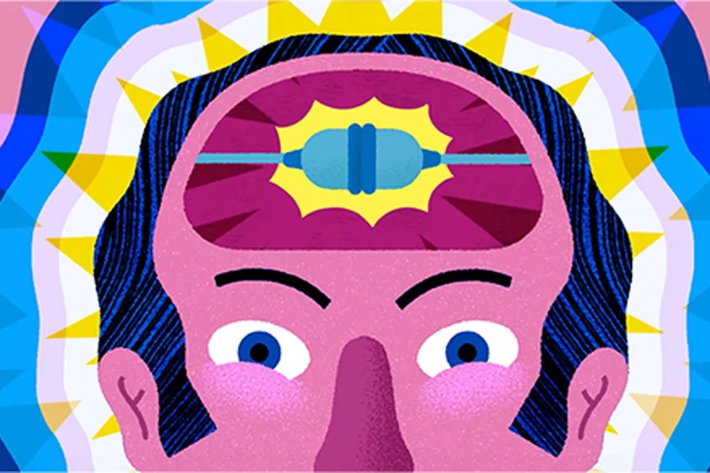 illustration of a face with two cords plugged together inside the brain, sparking light