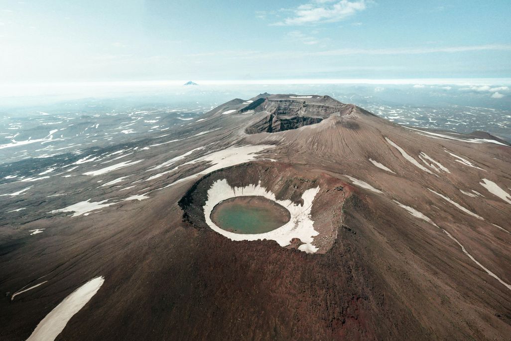 Aerial view of an extinct volcano with a lake
