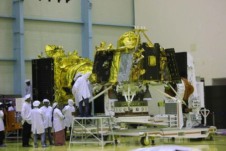 The moon lander Vikram in the foreground and the orbiter Chandrayaan- in the background during preparation of the spacecraft for launch, June 10, 2019.